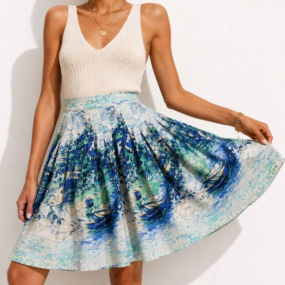 Talbots Size 2 Pleated Skirt Italy Boat Venice Coastal Scene Print Blue Green